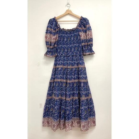 SEA New York Rosita Smocked Square Neck Puff-Sleeve Cotton Print Midi Dress XS - Picture 3 of 13